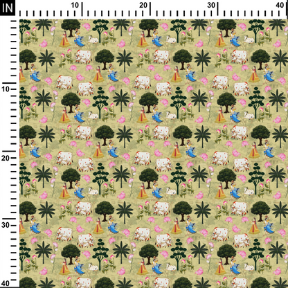 Folk Garden Pichwai Digital Printed Fabric